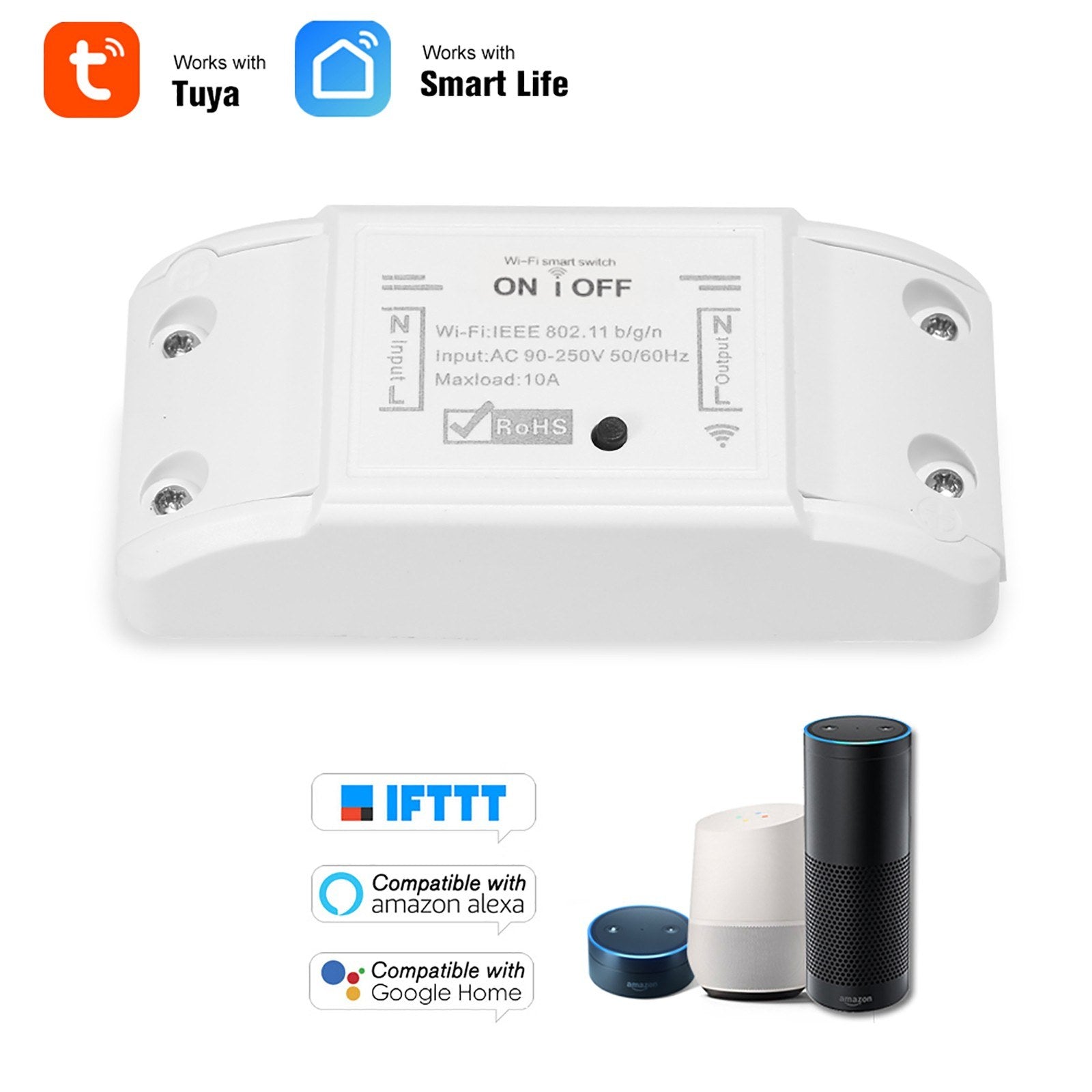 Interrupteur WiFi 10A sur câble, compatible Lidl Home, Tuya Smart Life,  Google Home et  Alexa 